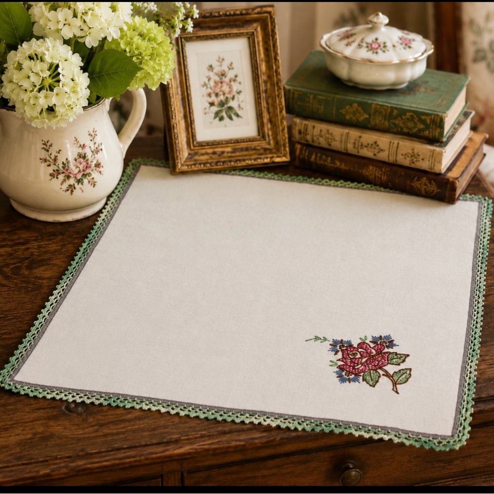 Vintage Hand Embroidered Linen Table Topper Crochet Edge 17.5” Cottagecore
